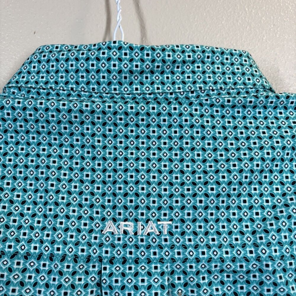 Ariat Mens Large Long Sleeve Button Down Shirt Teal Blue Geometric Print Fitted - Picture 7 of 11